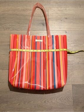 Clinique Red Multi-Stripe Clear PVC Tote with Pink and Blue Accents